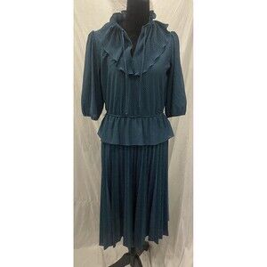 Vintage 80s Green Polka Dot Peplum Midi Secretary Dress Pleated Skirt Ruffles 13
